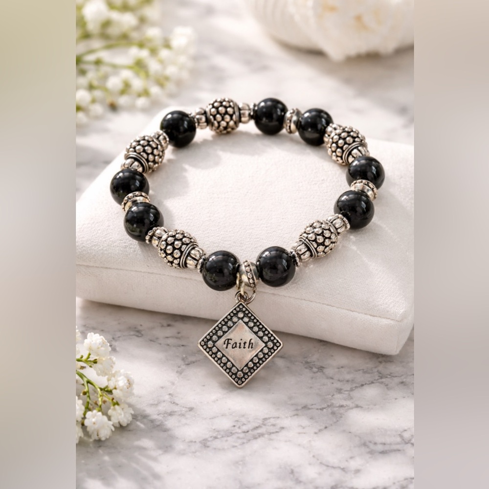 Onyx Bead Spiritual Stretch Bracelet FAITH